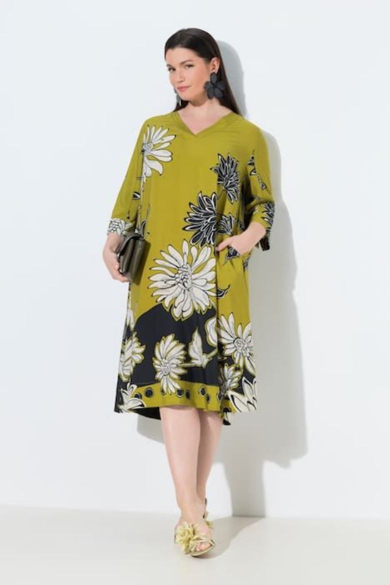 Plus size veliki brojevi Haljina elegantna midi 3/4 rukavi V izrez cvjetni uzorak za punije